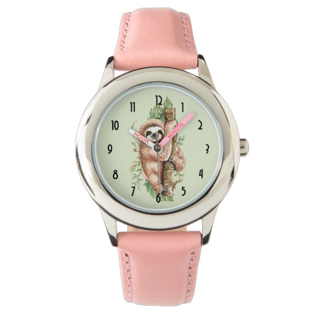 Montre Aquarelle mignonne Sloth & Feuilles tropicaux (devant)