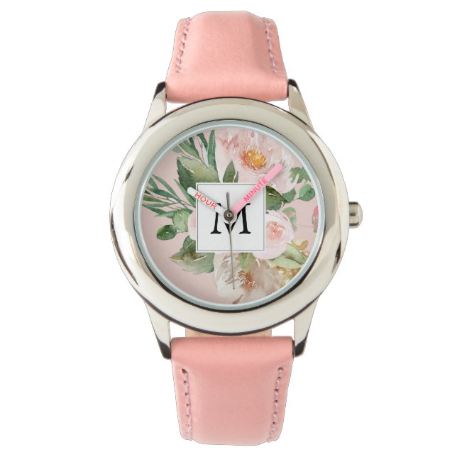Montre Aquarelle moderne Fleurs roses Monogrammes (devant)