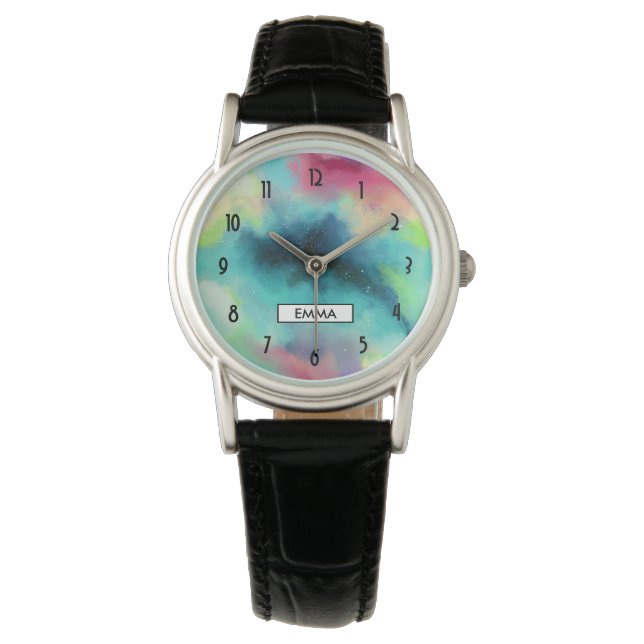 Montre Aquarelle moderne Green & Red Space Nebula (devant)