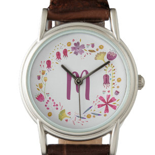Montre Aquarelle moderne Monogramme de fleurs d'automne
