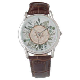 Montre Aquarelle Monogramme Paillettes et feuillage en bo