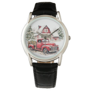 Montre Aquarelle Noël Vintage Camion et grange