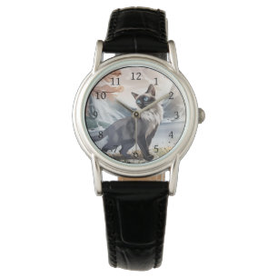 Montre Aquarelle Noir et Blanc Fluffin Chat dans la natur