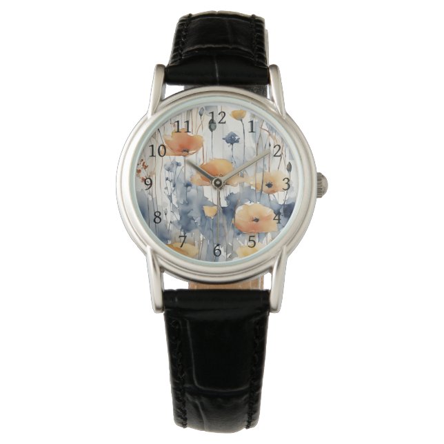 Montre Aquarelle Orange Fleurs Blue Indigo Design 347 (devant)