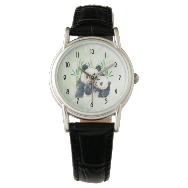 Montre Aquarelle Panda Ours Maman & Bébé en Bambou (devant)