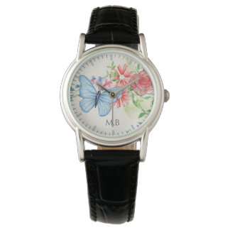 Montre Aquarelle Papillon et Fleurs Élégant Monogramme