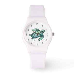 Montre aquarelle peinte caricature de tortue de mer bleu 
