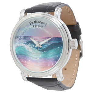 Montre Aquarelle personnalisée Blue Ocean Wave Photo avec
