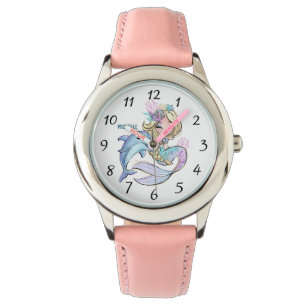 Montre Aquarelle personnalisée mignonne Dauphin de sirène