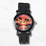 Montre Aquarelle Plage tropicale Coucher de soleil Palmie<br><div class="desc">Watercolor Tropical Beach Sunset Palm Trees Watches dispose d'une aquarelle de plage tropicale coucher de soleil avec silhouette de palmier. Créé par Evco Studio www.zazzle.com/store/evcostudio</div>