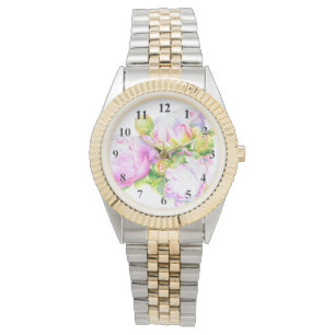 Montre Aquarelle rose fleurie rose pivoines blanc floral