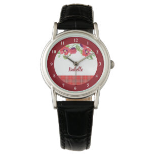 Montre Aquarelle Rouge Poppies Floral Tartan Motif