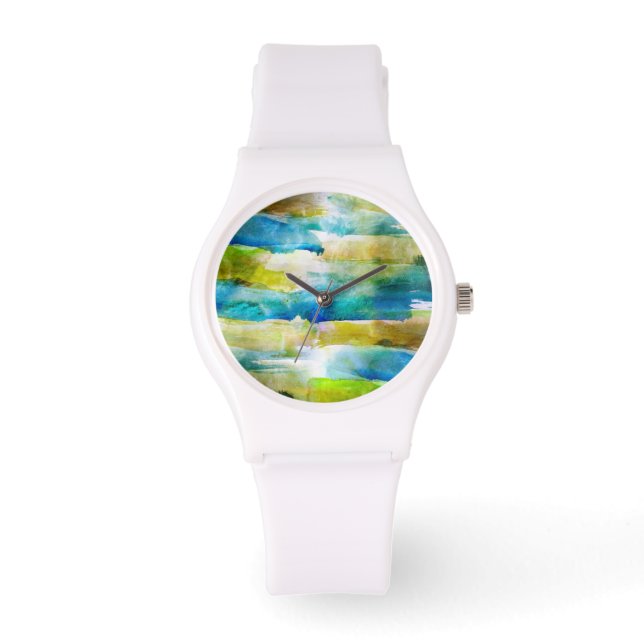 Montre Aquarelle vert abstrait, bleu (Recto)