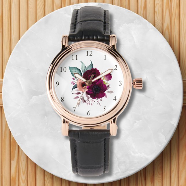 Montre Aquarelle Vintage Boho Purple Fleurs Florales (Close up)