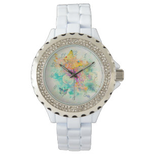 Montre Aquarelle Vintage Pastel Papillons et Rose