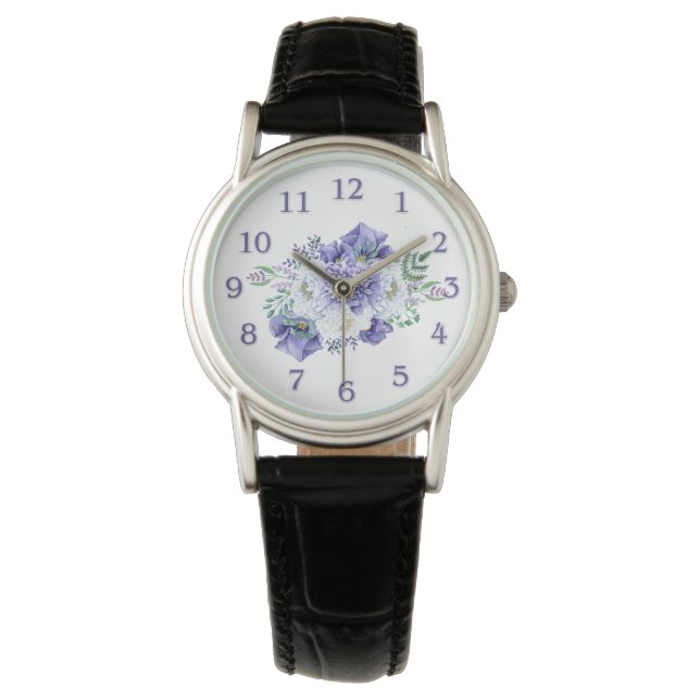 Montre Aquarelle violet blanc Anémones Peonies (devant)