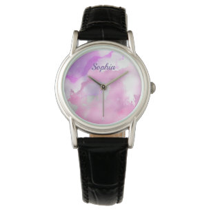 Montre Aquarelle violette et rose, nom ou votre art/photo