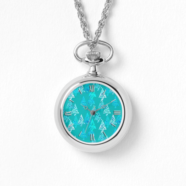 Montre Arbres de Noël à fleurs modernes - turquoise (Recto)
