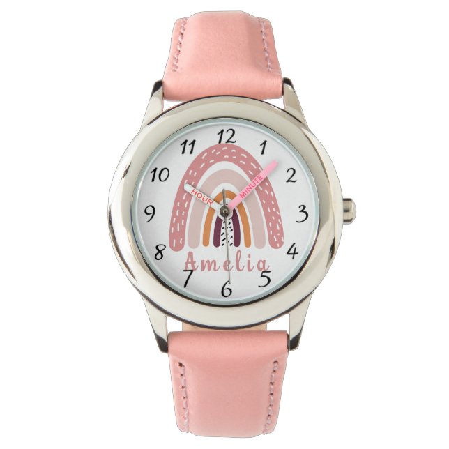 Montre Arc-en-ciel rose Boho avec nom personnalisé (devant)