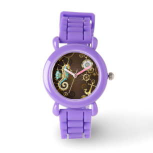 Montre Arrière - plan en bois avec cheval de mer mécaniqu