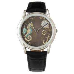 Montre Arrière - plan en bois avec cheval de mer mécaniqu