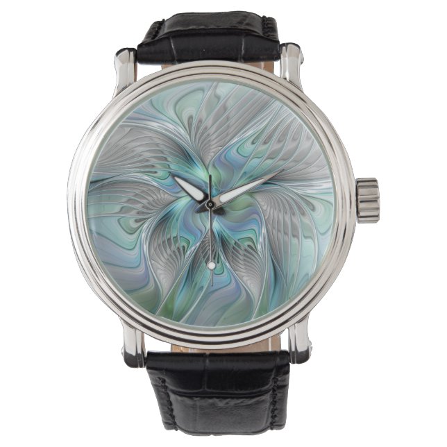 Montre Art abstrait papillon bleu vert fantasy fractal (devant)