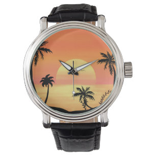Montre Art de la silhouette d'arbre de palme au coucher d