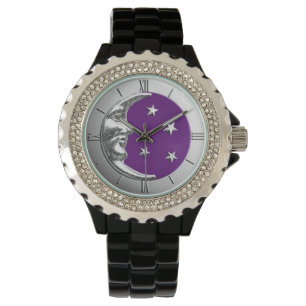 Montre Art Déco Lune et étoiles - Amethyst Purple & Silve