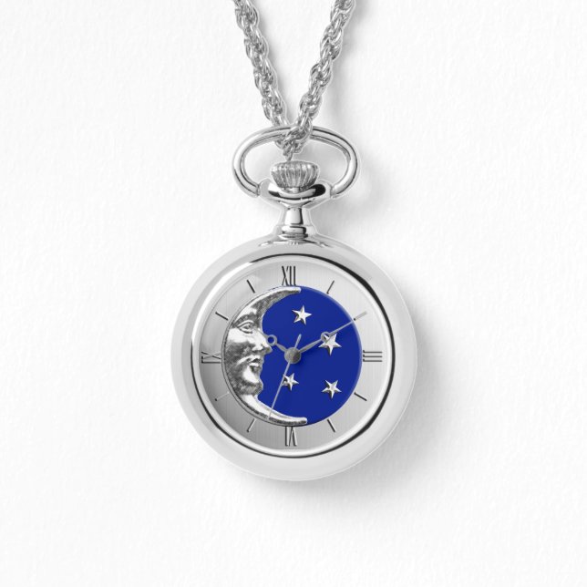 Montre Art Déco Lune et Etoiles - Bleu Cobalt et Argent (Recto)