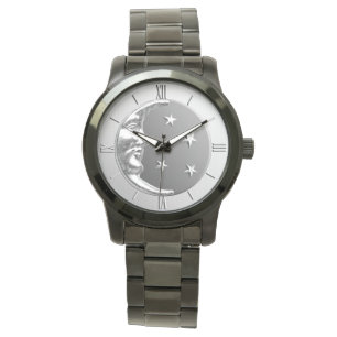 Montre Art Déco Lune et Étoiles - gris / gris et argent