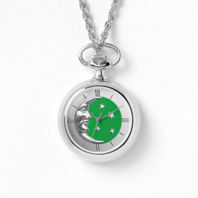 Montre Art Déco Lune et Etoiles - Jade Green et Argent (Recto)