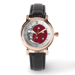 Montre Art Déco Lune et étoiles - Rouge foncé et argent