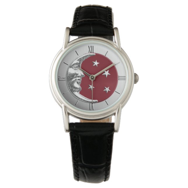 Montre Art Déco Lune et étoiles - Rouge foncé et argent (devant)