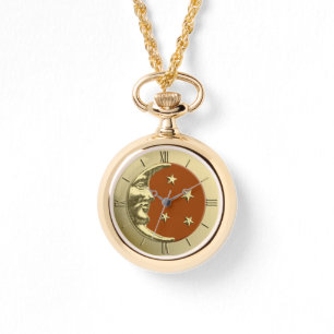 Montre Art Déco Lune et étoiles - Rust Brown et Gold