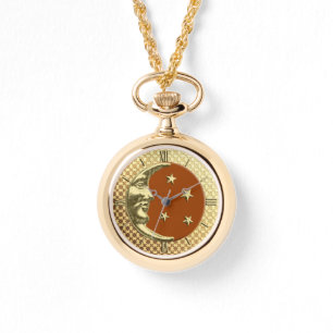 Montre Art Déco Lune et étoiles, Rust Brown et Gold Wat