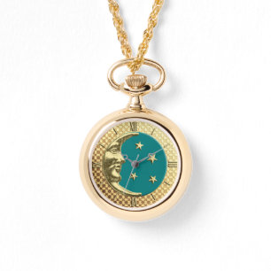 Montre Art Déco Lune et Etoiles, Turquoise et Gold Watch