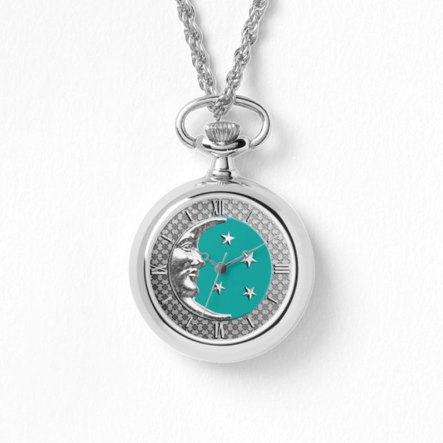 Montre Art Déco Lune et étoiles - Turquoise & Silver (Recto)
