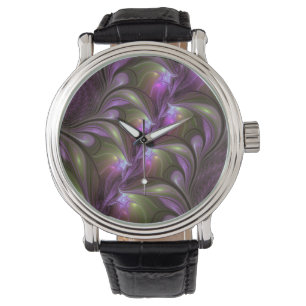 Montre Art fractal abstrait violet pourpre kaki coloré