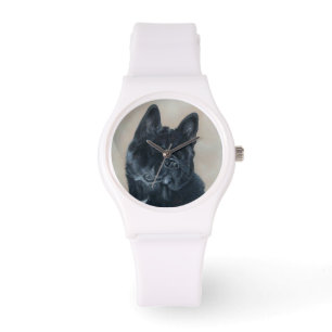 Montre Art noir japonais/américain de portrait de chien