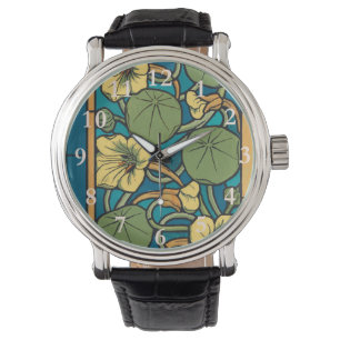 Montre Art Nouveau Nasturtium Bleu Or floral Verneuil