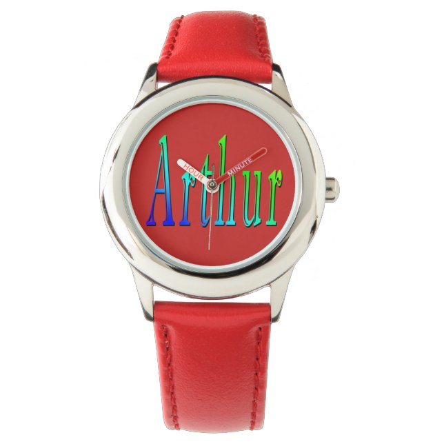 Montre Arthur, Nom, Logo, Garçons Red Leather Watch. (devant)