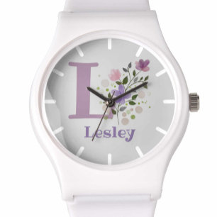 Montre avec motif floral avec nom et initiale