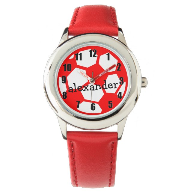 Montre Bal de football rouge et nom (devant)
