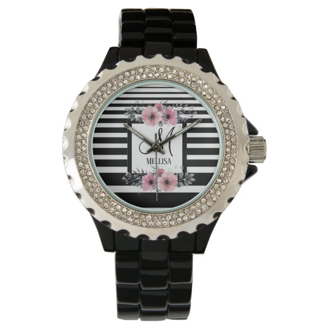 Montre Bandes noires et blanches Monogramme floral rose (devant)