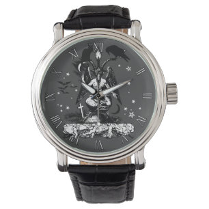 Montre Baphomet gothique, Chat et Corbeau