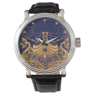 Montre Bateau antique, Dauphins, Or, Bleu marine Nautique