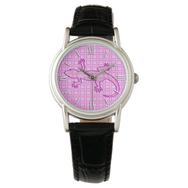 Montre Batik tribal Gecko - orchidée et coquille rose (devant)