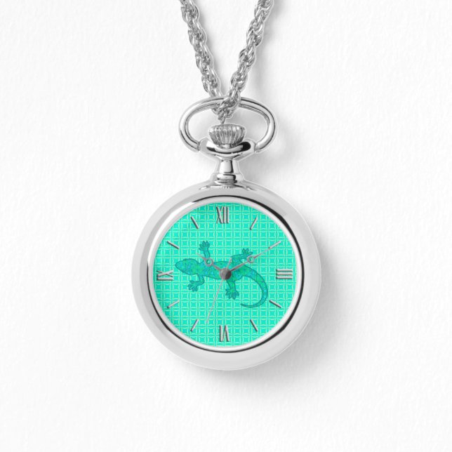 Montre Batik tribal Gecko - turquoise / paon (Recto)