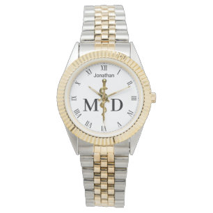 Montre Bâton d'Asclepius Or sur Blanc Médecin MD