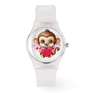 Montre Bébé adorable singe tenant un coeur rouge